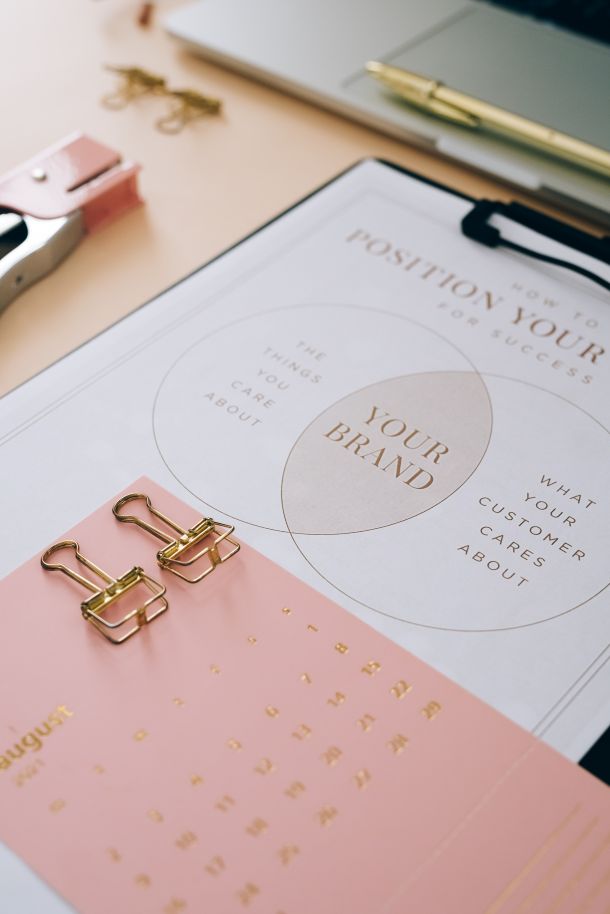 Markenstrategie-Diagramm auf einem Clipboard, mit rosa Kalender, goldenen Clips und Laptop, Fokus auf Branding und Planung.