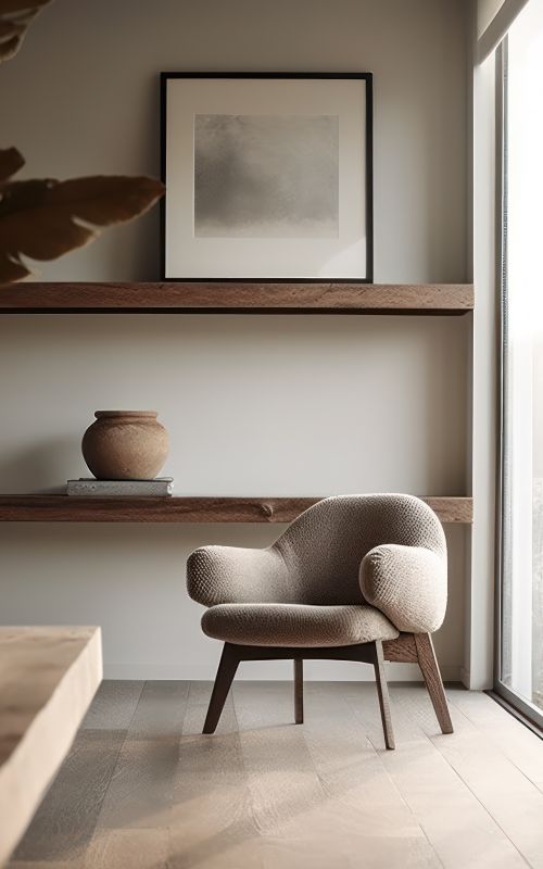 Modernes Interieur mit Sessel, minimalistischen Regalen, Vasen und großem Fenster, stilvolles Design mit natürlichem Licht.