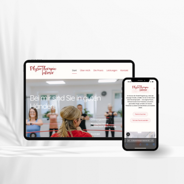 Responsive Physiotherapie-Website auf Tablet und Smartphone mit Startseite, Slogan, &Ouml;ffnungszeiten und Terminbuchungsoption.